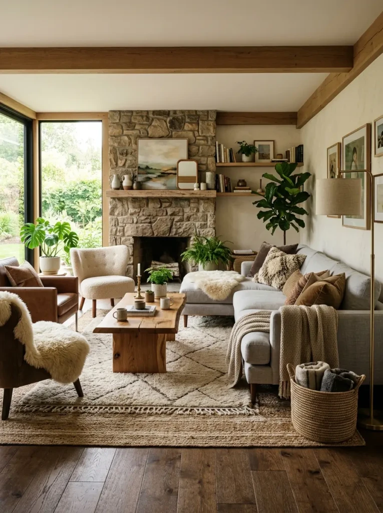 Living space with layered rugs and mixed materials adding dimension to Thanksgiving decorating