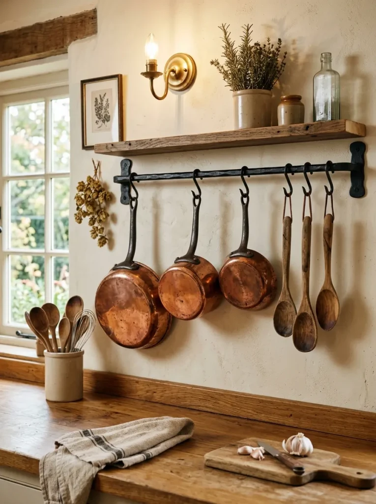 Copper pans and wooden spoons hanging from black rail in farmhouse kitchen.