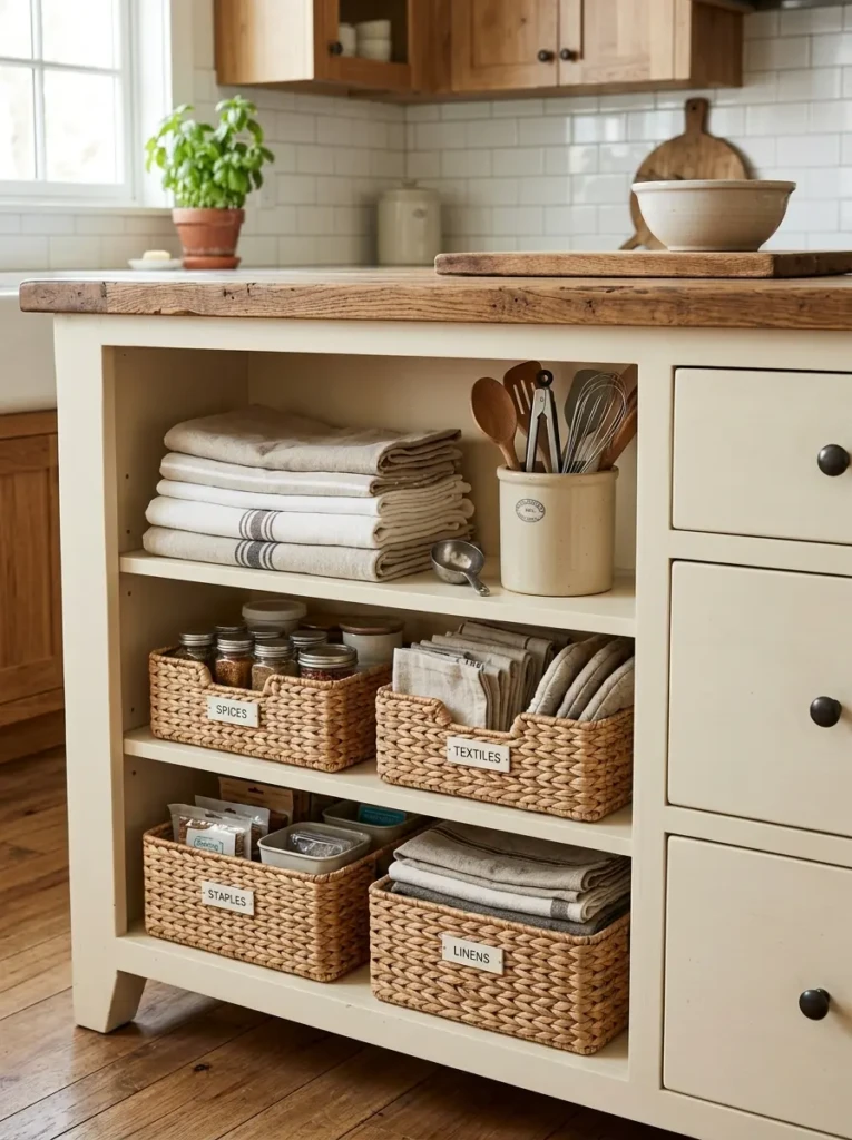 Lower island cabinet drawers with baskets, linens, and neatly organized utensils in farmhouse style.