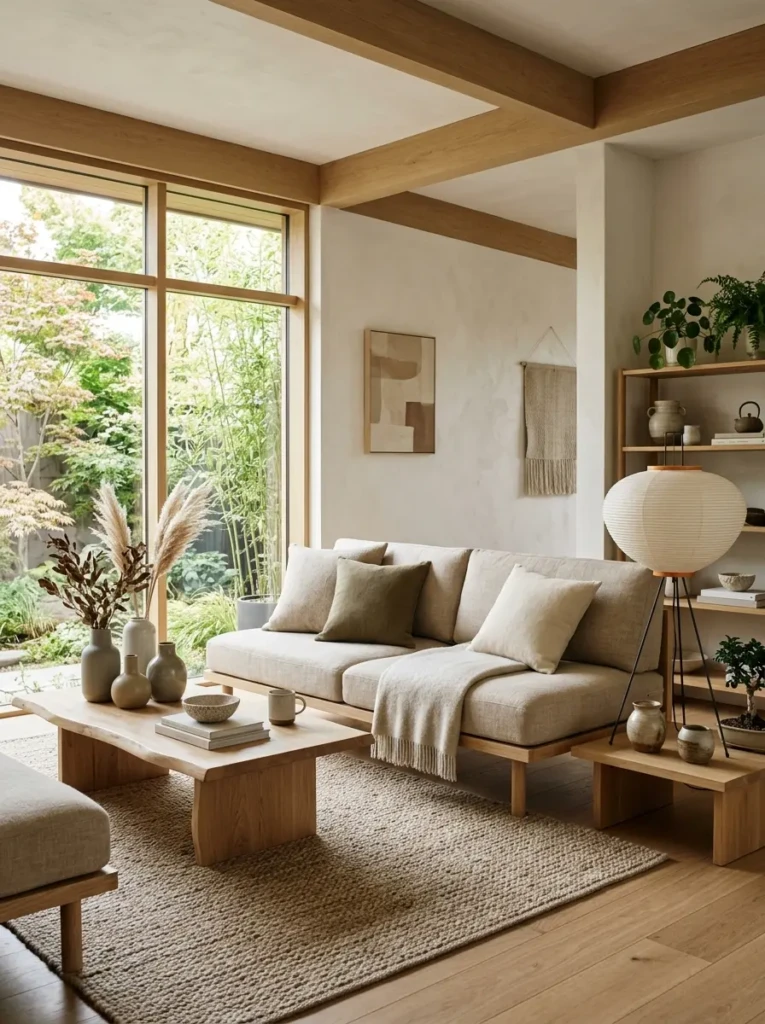 Japandi living room with low beige sofa, ceramic vases, warm wood furniture, and calm earthy tones.