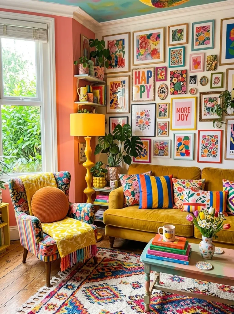 Bright dopamine decor living room with yellow lamp, striped cushions, gallery wall, vintage chair, and playful colorful styling.