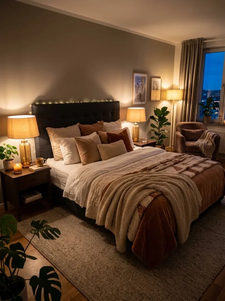 A cozy king size bed illuminated by warm bedside lighting, creating a relaxing and inviting nighttime bedroom atmosphere