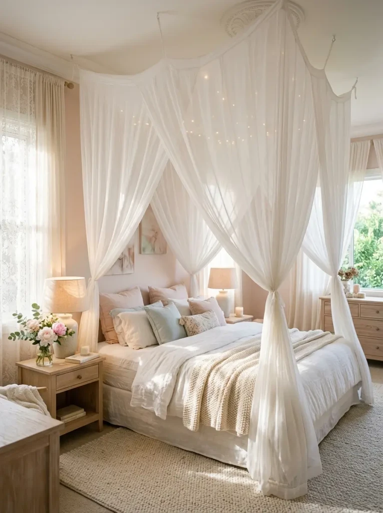 A king size bed surrounded by sheer white canopy curtains, creating a dreamy and airy bedroom with soft natural lighting