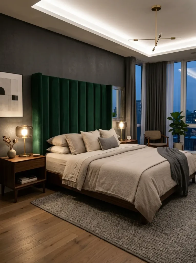 A modern bedroom featuring a king size bed with a tall velvet headboard in a rich color, styled with minimal neutral bedding