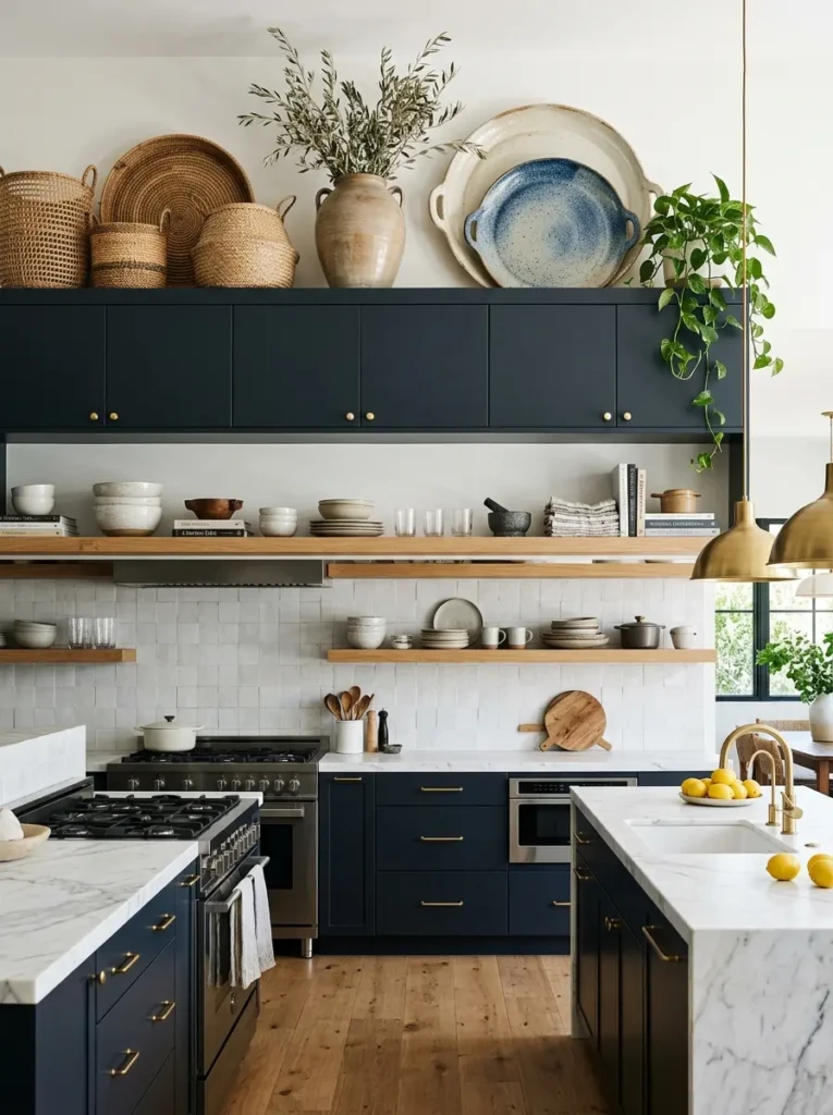 Large vases, woven baskets, and serving platters styled above kitchen cabinets with coordinated open shelves.