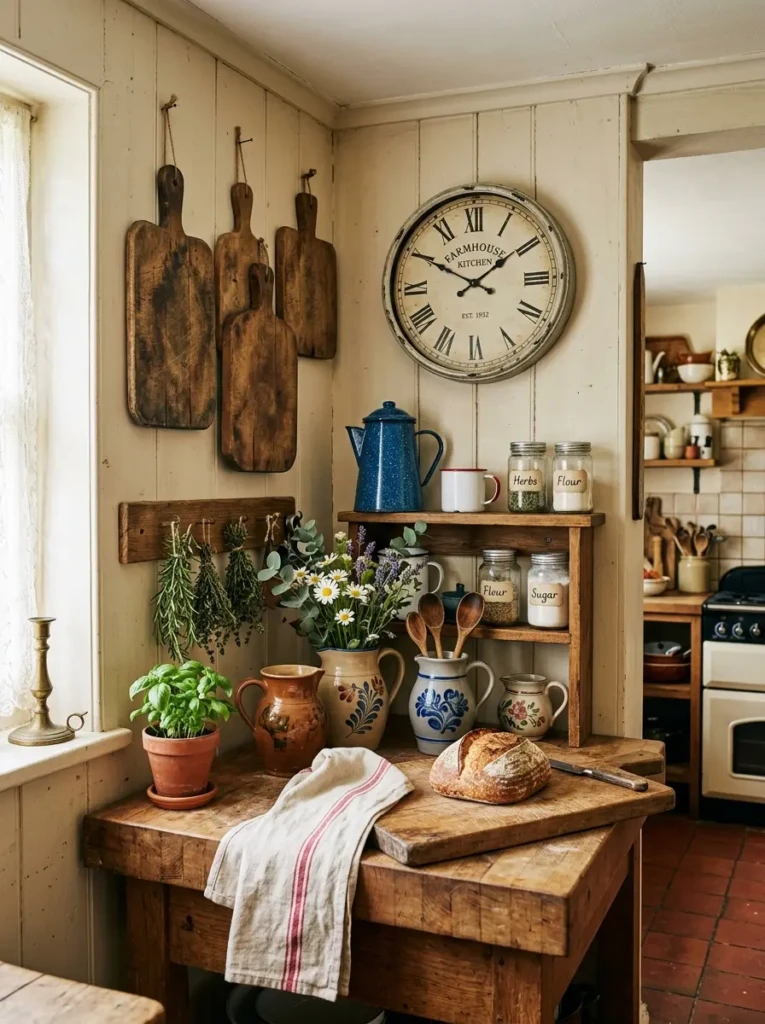 Antique cutting boards, ceramic pitchers, and enamelware decorating a rustic small kitchen.