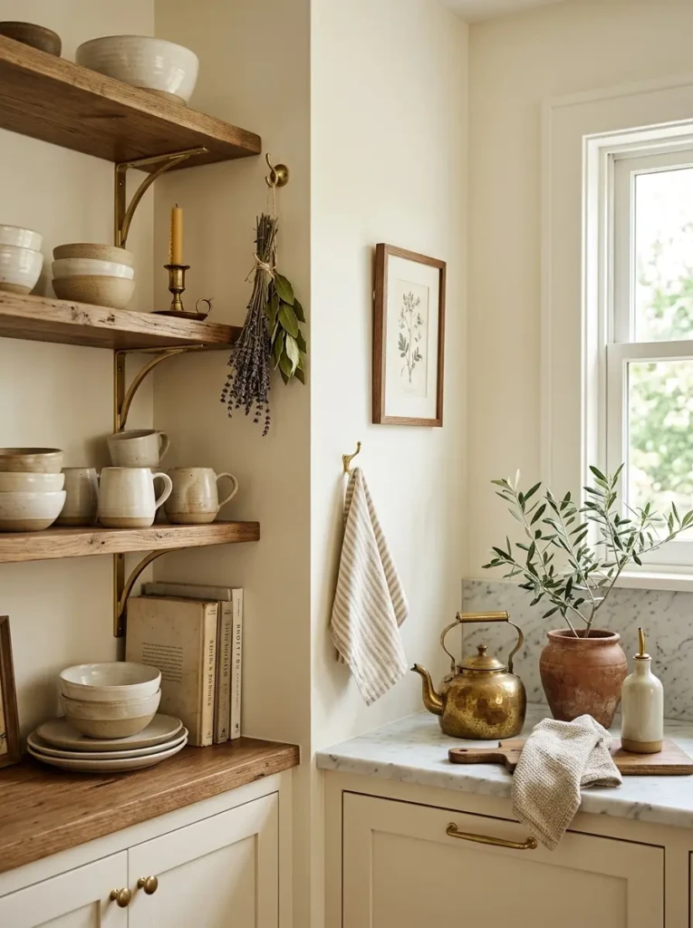 A close-up of warm ivory kitchen walls with matte trim, wood shelving, and brass accents in a cozy farmhouse-style small kitchen.