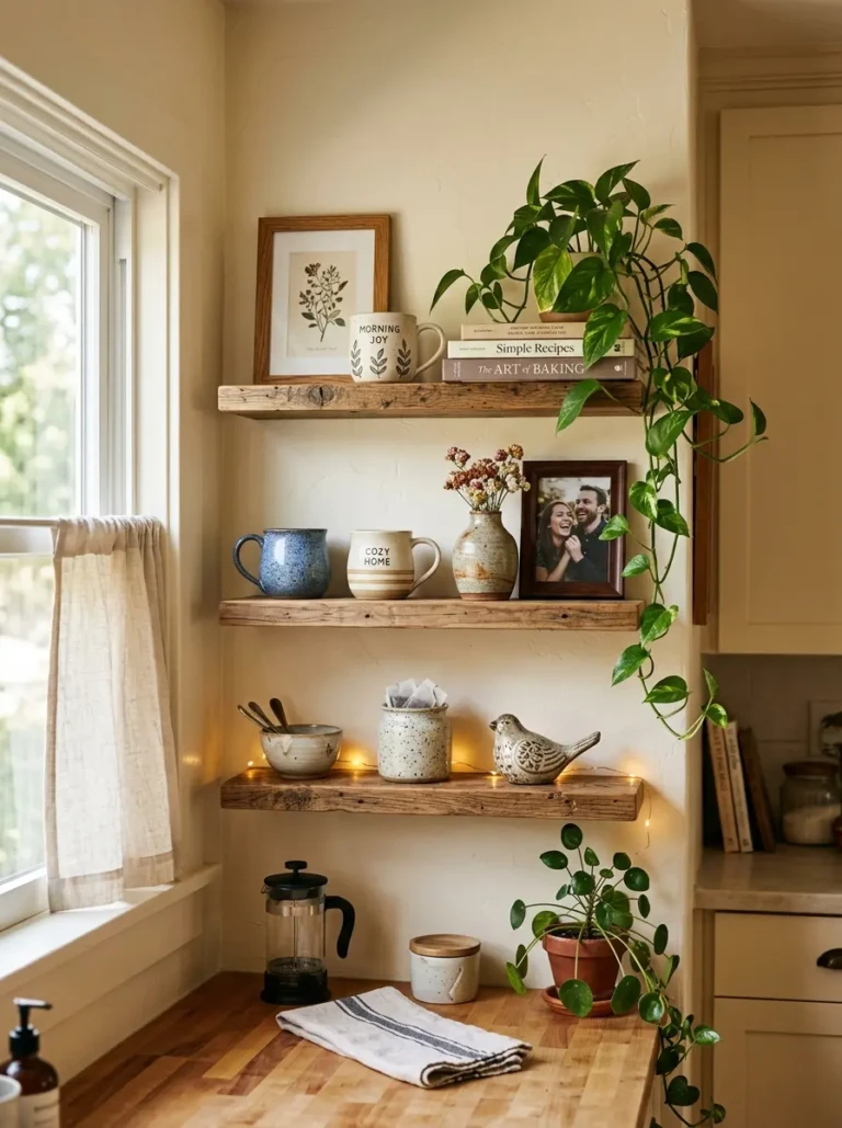 Inviting floating kitchen shelves styled with framed art, mugs, plants, and handmade ceramics for a warm personal touch.