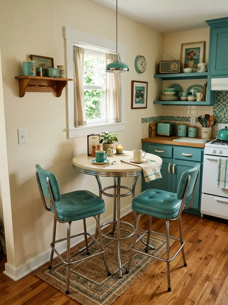 Small kitchen setup with retro bar stools and a cozy café-style table in pastel tones.