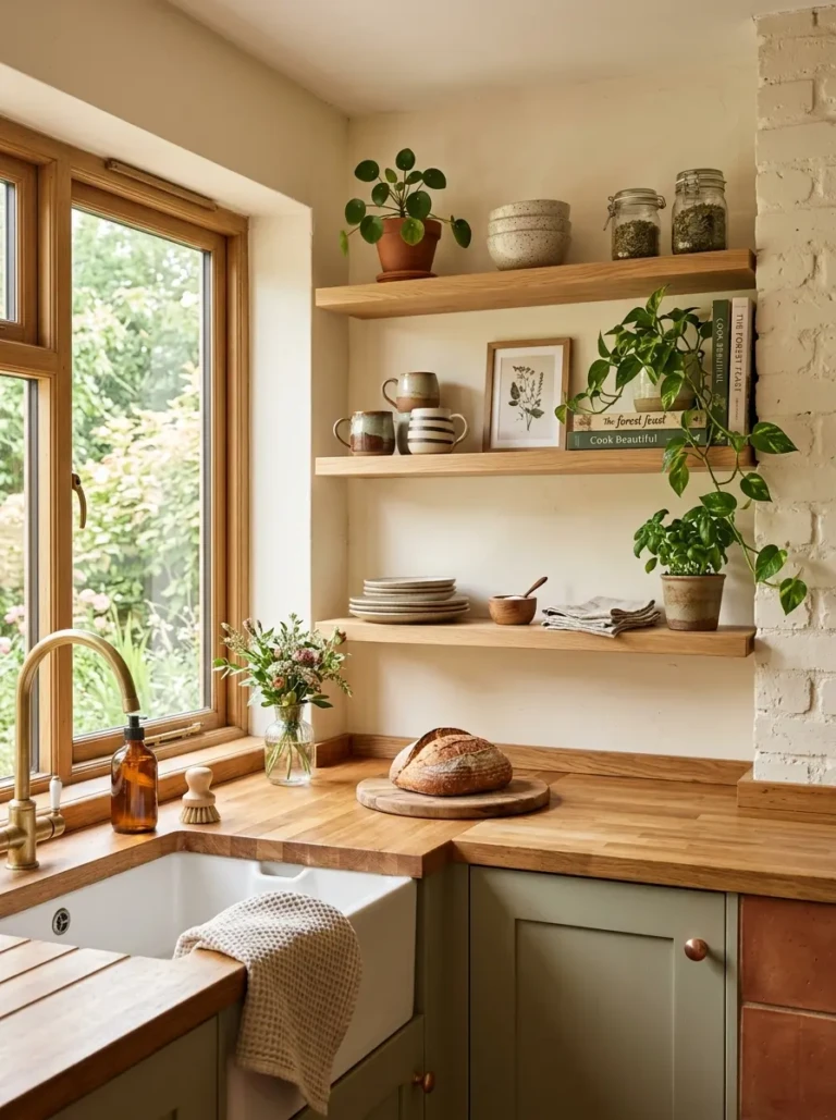 A stylish kitchen corner with floating shelves, plants, and ceramic decor in soft warm tones.