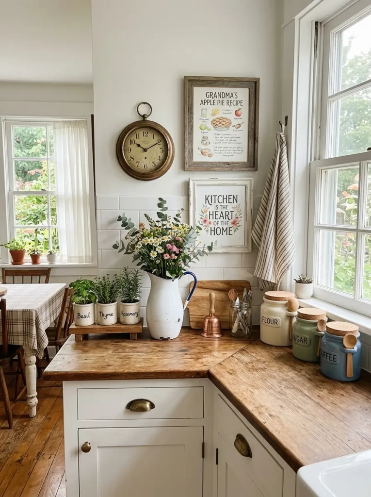 A charming white farmhouse kitchen decorated with herb pots, vintage jars, framed recipe art, and cozy personalized details.