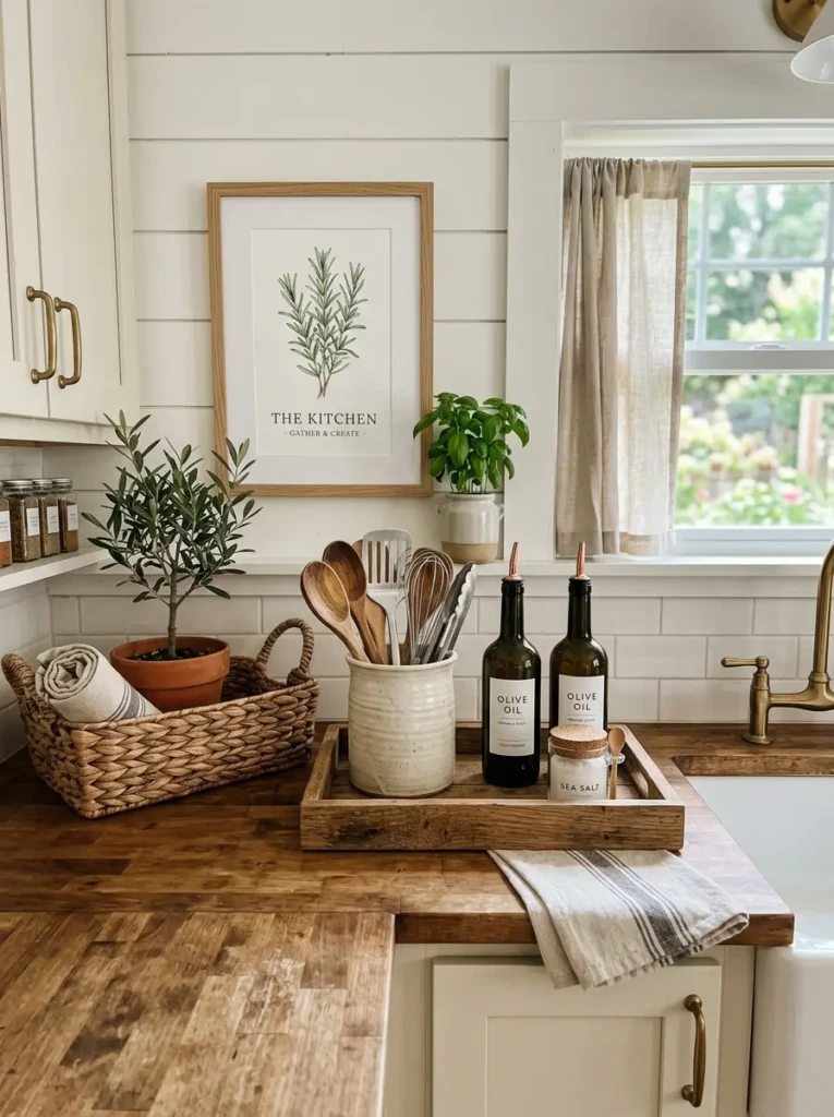Styled farmhouse kitchen countertop with ceramic utensil holder, tray, greenery, and woven basket.