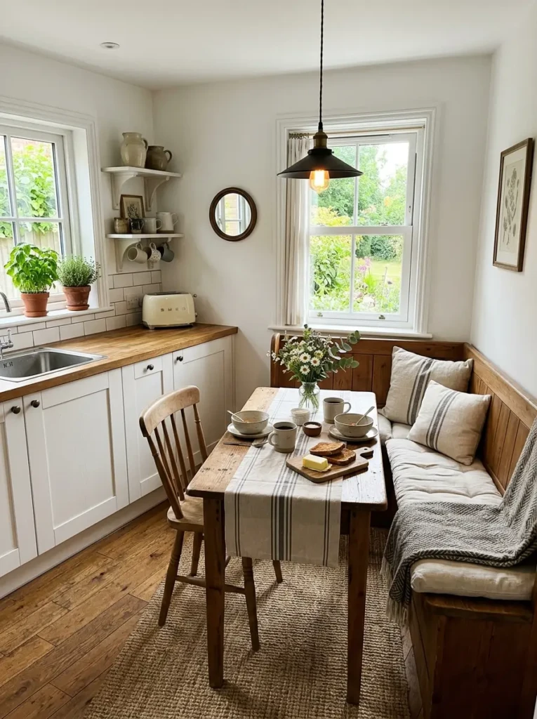 Cozy small kitchen dining room combo with farmhouse table and bench seating.