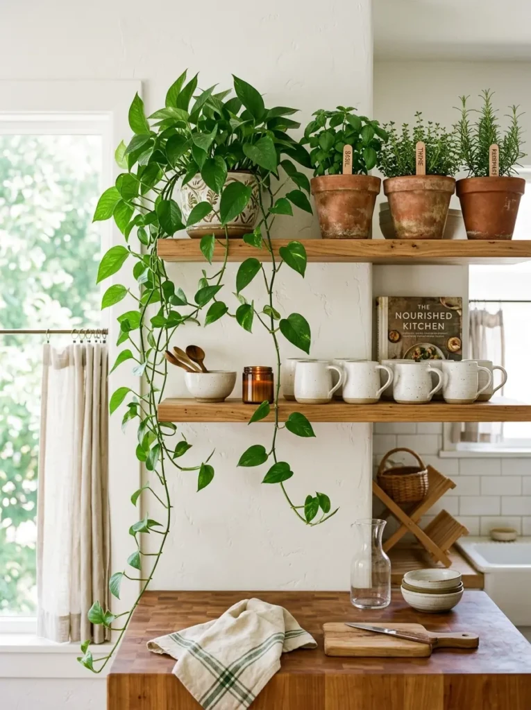 A pothos plant cascading from kitchen floating shelves beside ceramic mugs and terracotta herb pots in bright natural light.