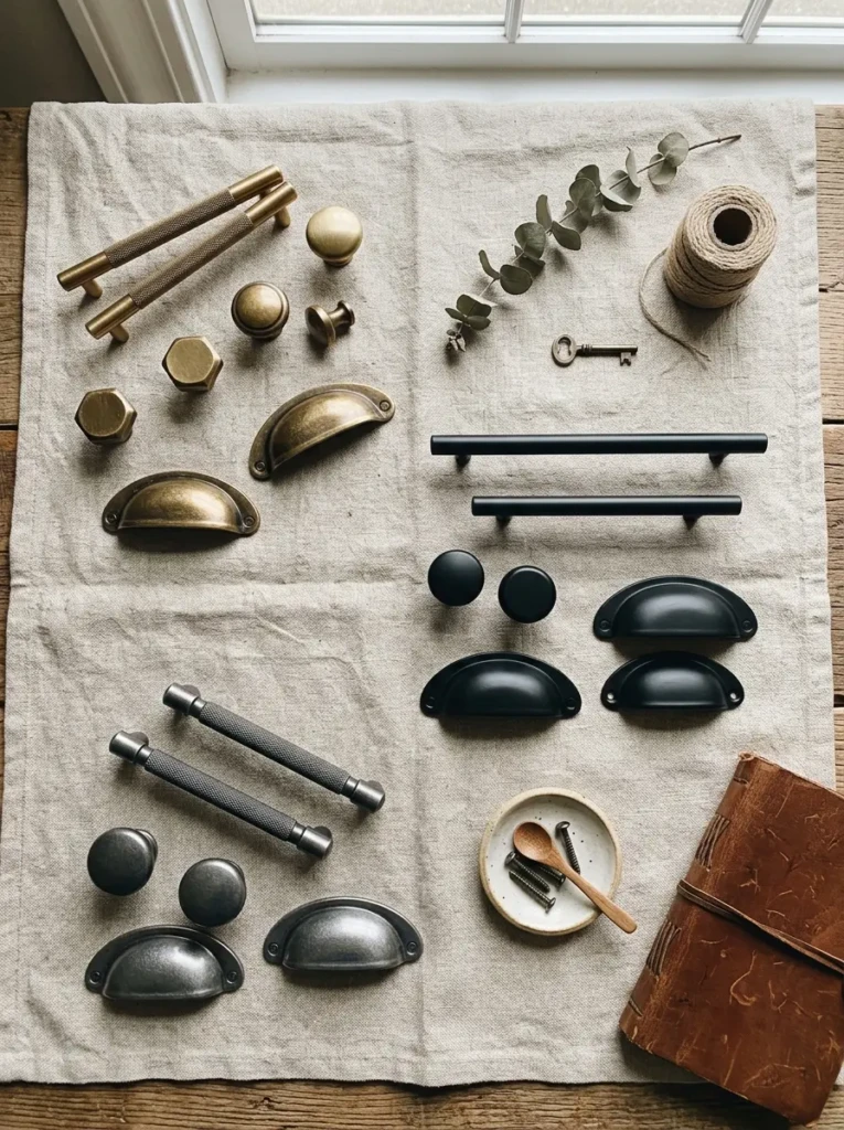 Brass, pewter, and matte black cabinet hardware displayed on linen for kitchen styling ideas.