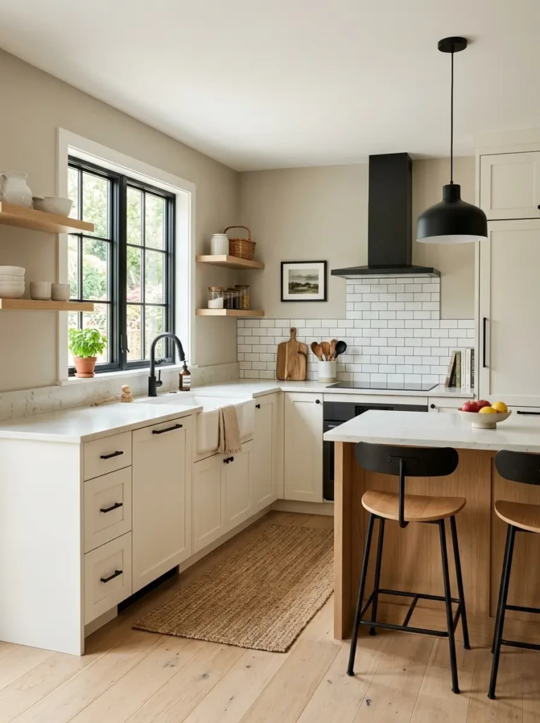 Small modern farmhouse kitchen in white, beige, and greige tones with black accents and wood details.