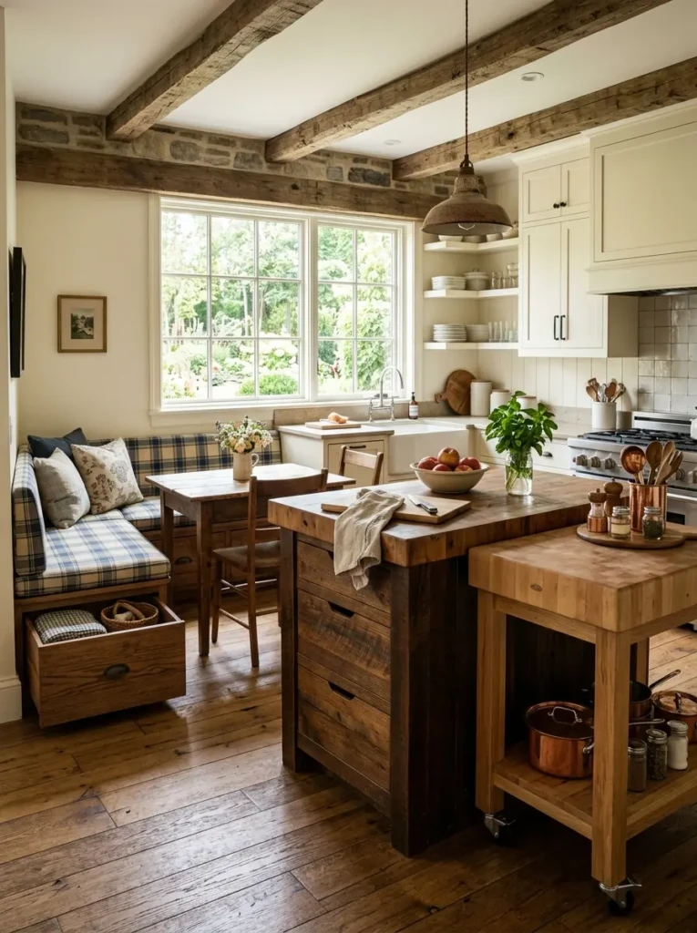 Narrow island and rolling butcher block cart in a compact farmhouse kitchen.