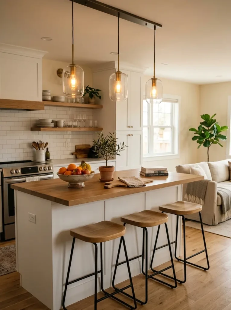 Minimal kitchen island styled with pendant lights, fruit bowl, and warm lighting in cozy open space.