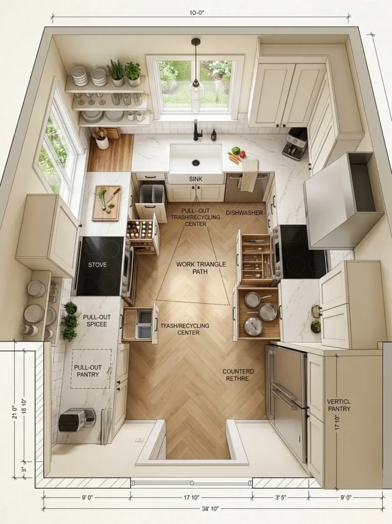 Efficient small kitchen layout featuring work triangle design and optimized farmhouse-modern storage.