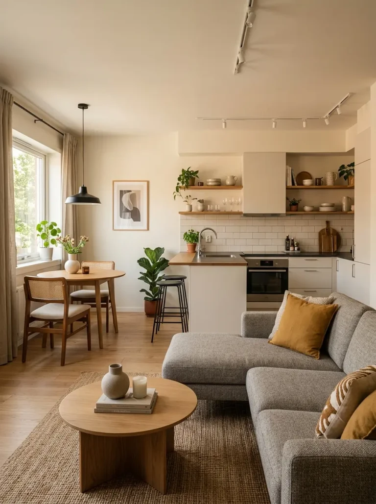 Compact open concept kitchen and living room with sofa placement and subtle zoning for balanced functionality.