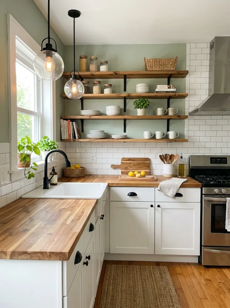 Budget-friendly farmhouse-modern kitchen with fresh paint, shelves, and new lighting