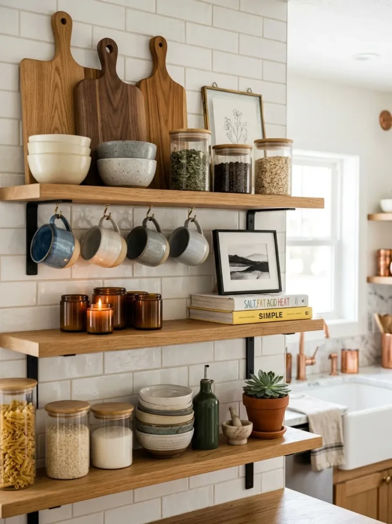 Open kitchen shelves displaying glass jars, cutting boards, mugs, candles, and decorative art pieces.