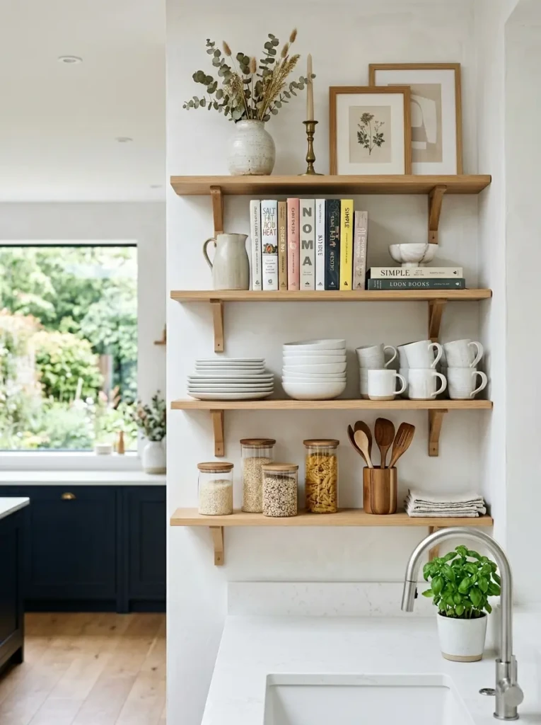Open kitchen shelves styled with mugs, bowls, and stacked plates arranged for easy daily use.