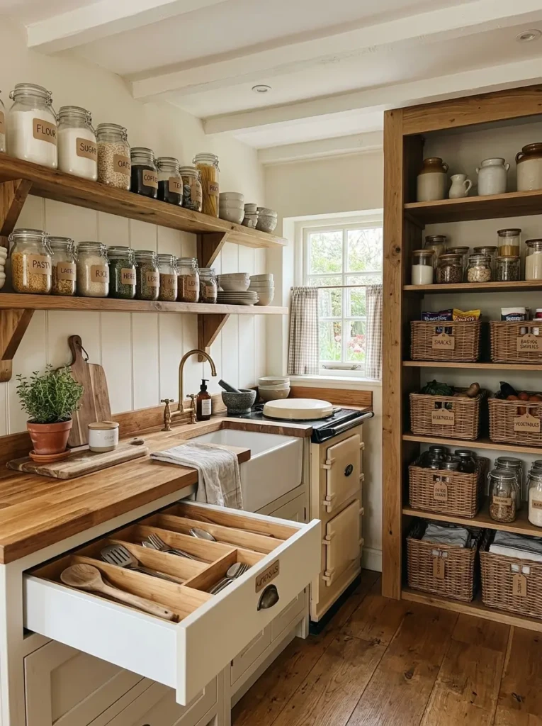 An organized small cottage kitchen with labeled jars, baskets, tidy shelves, and clear countertops.