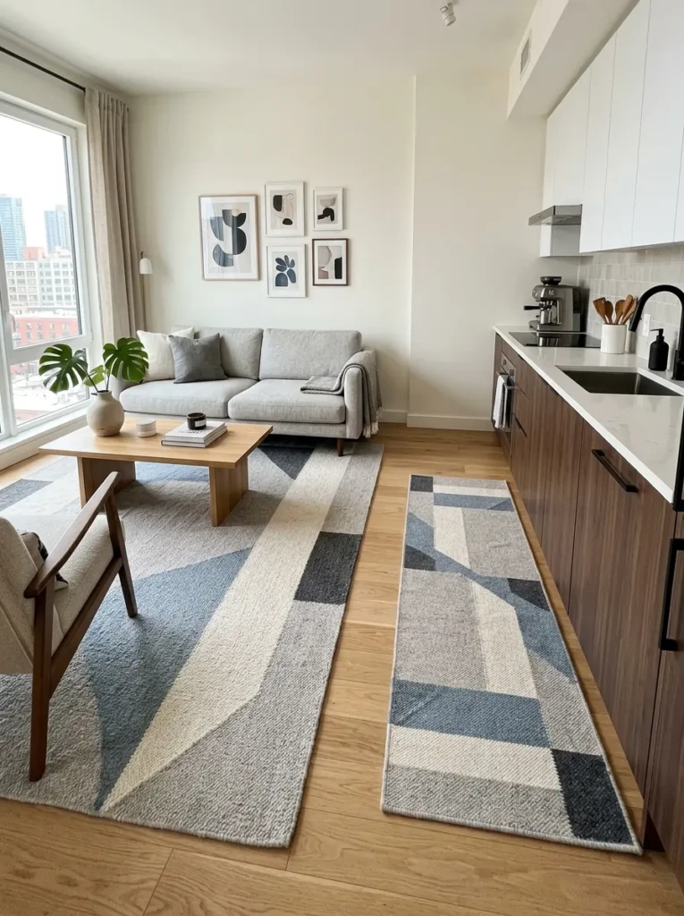 Complementary rugs used in kitchen and living room to create subtle zoning in open concept space.