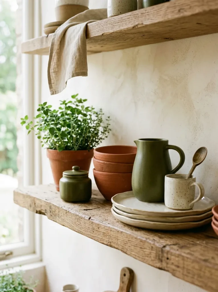 Kitchen shelf close-up with terracotta ceramics, olive accents, and warm wood textures.