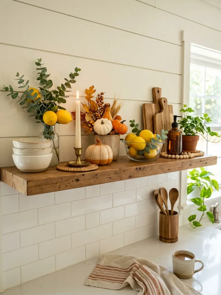 Floating shelf styling with interchangeable seasonal decor like lemons, greenery, pumpkins, and candles.