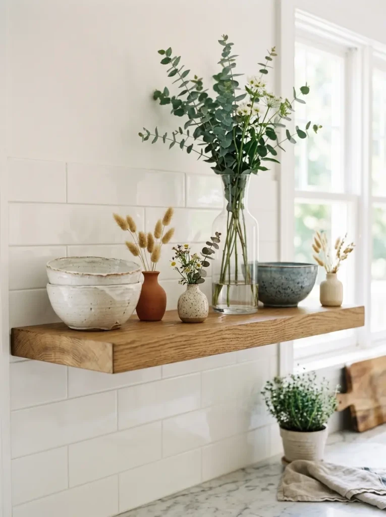 Three bowls and three mini vases arranged on floating kitchen shelves in a visually balanced composition.