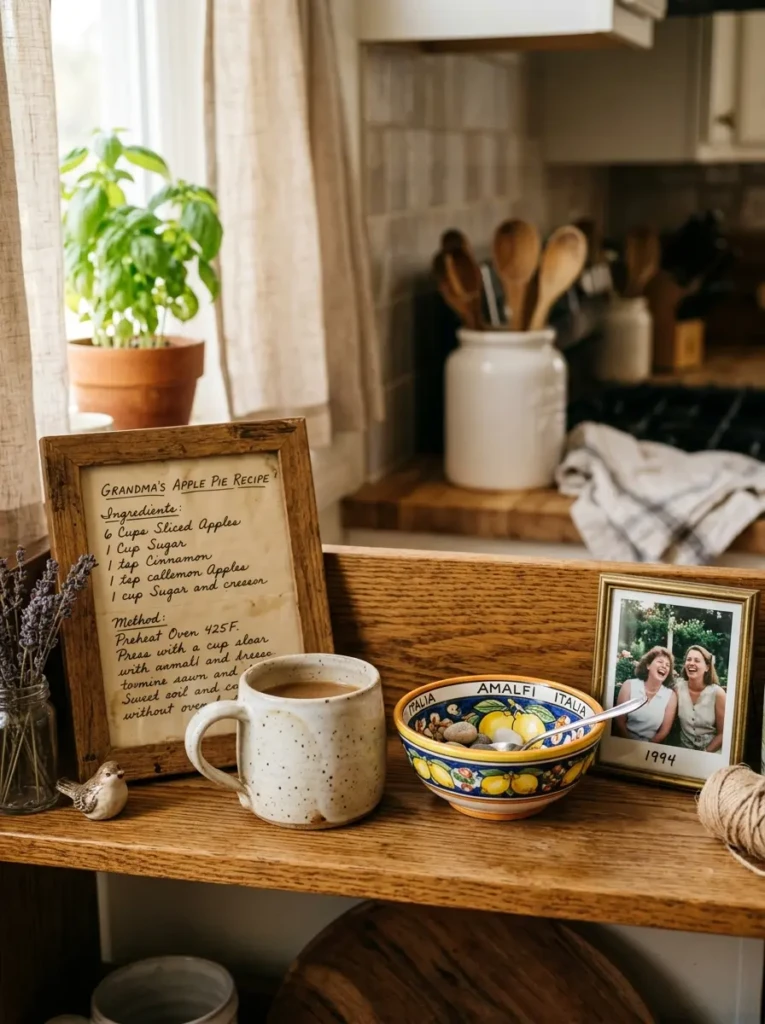 Floating shelf decorated with a handwritten recipe, handmade mug, souvenir bowl, and family photo frame.