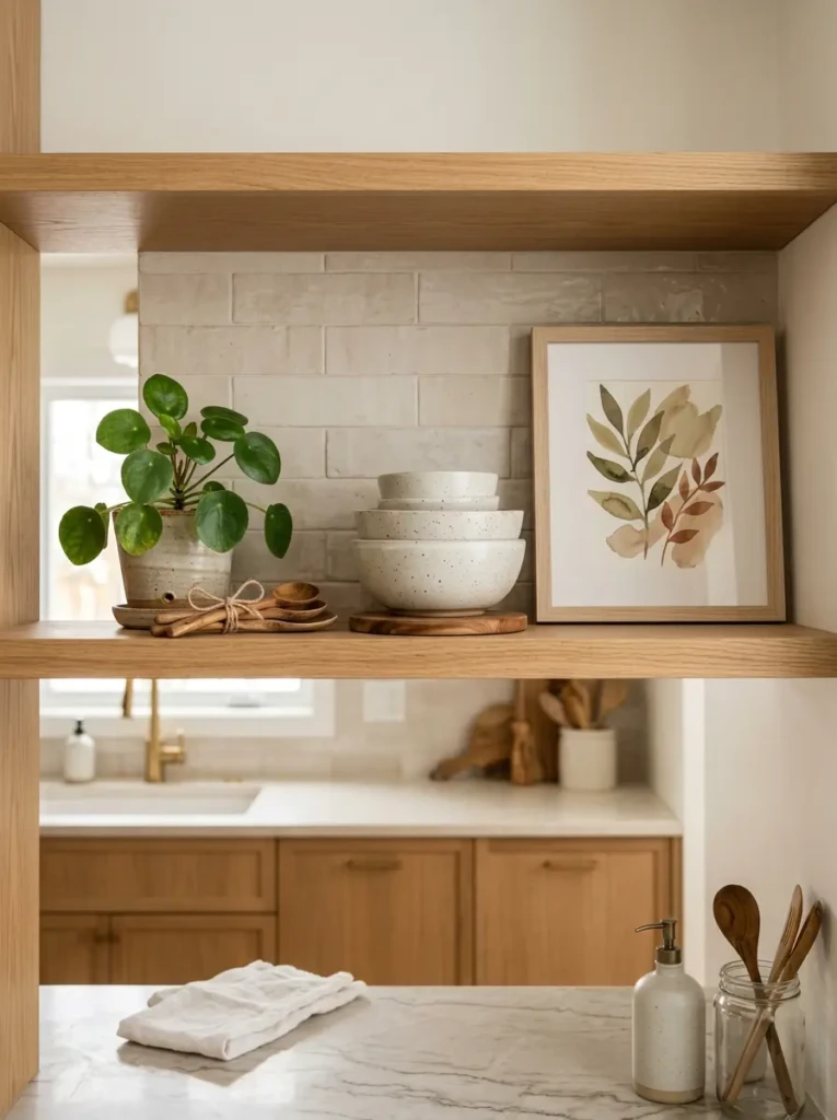 Kitchen shelf styling with a small plant, stacked bowls, and framed artwork arranged in balanced groups of three.