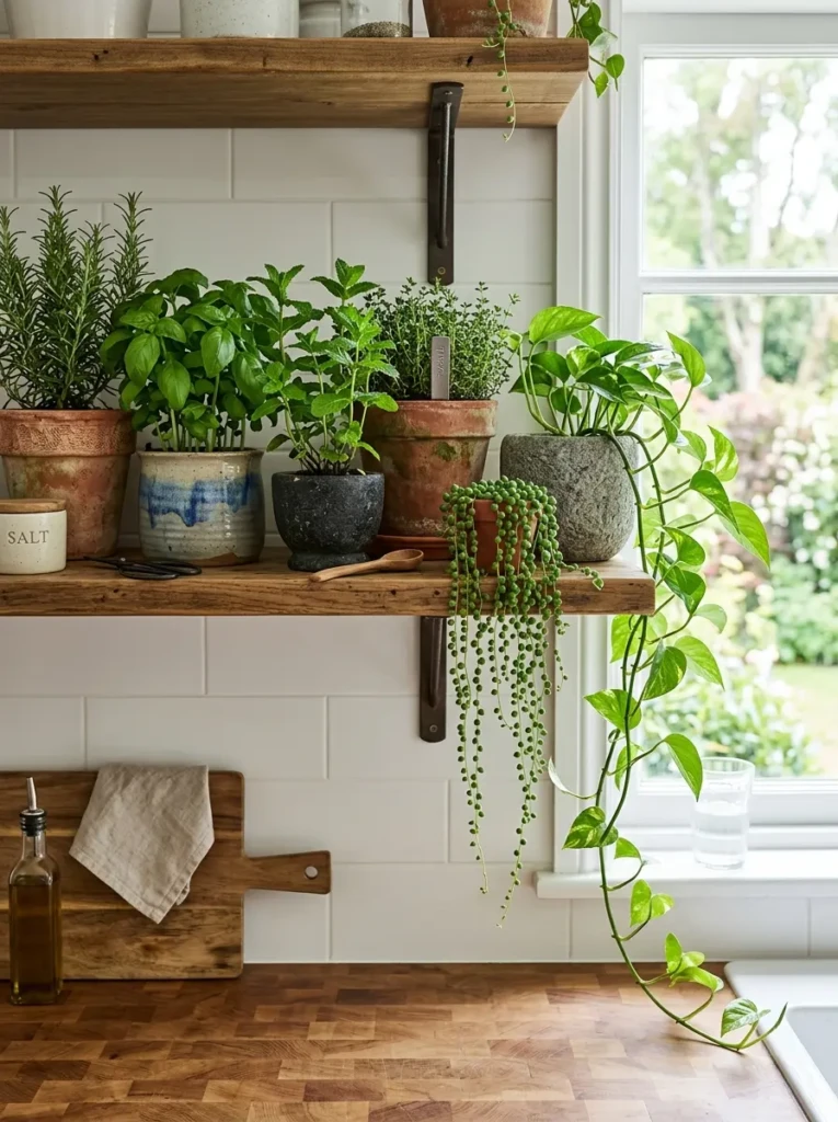Floating kitchen shelf with upright herbs and cascading plants in stone and terracotta planters near natural light.