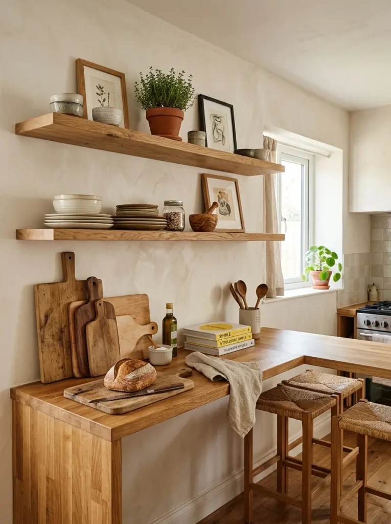 Repeated oak tones across shelves, stools, and frames create a warm, collected small kitchen design.
