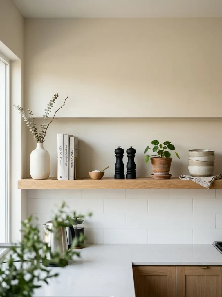Floating kitchen shelves styled with chic spacing and decorative gaps for a calm modern atmosphere.