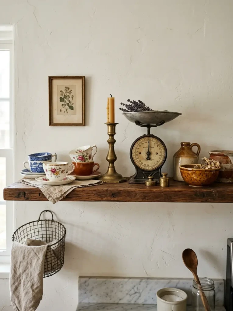 Antique teacups, brass candlesticks, and rustic pottery displayed on floating shelves in a warm nostalgic kitchen.