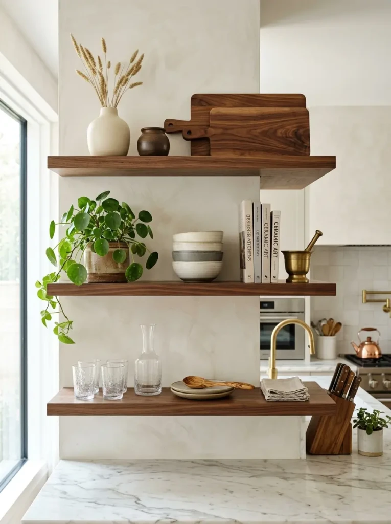Perfectly balanced open kitchen shelves with ceramics, wood boards, greenery, and clean negative space.