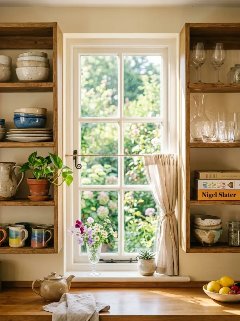 Shelves placed on both sides of a bright window with sunlight illuminating dishes and glassware.