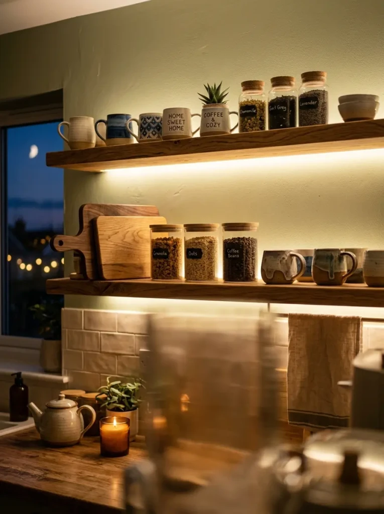 Kitchen floating shelves illuminated with warm LED strip lights highlighting ceramics, wood boards, and glass jars.