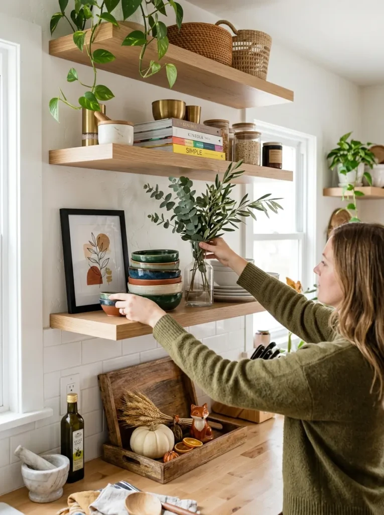 Open shelves refreshed with new bowls, seasonal stems, rearranged artwork, and updated trays.