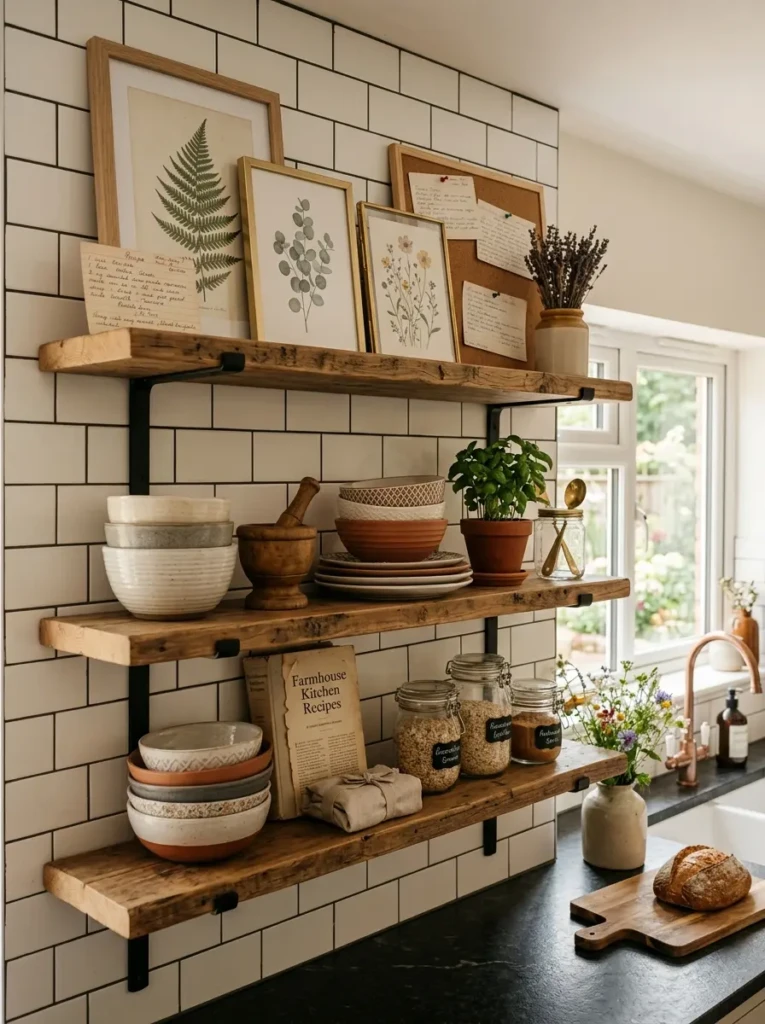 Kitchen shelves featuring botanical prints, recipe cards, bowls, and layered decorative accessories.