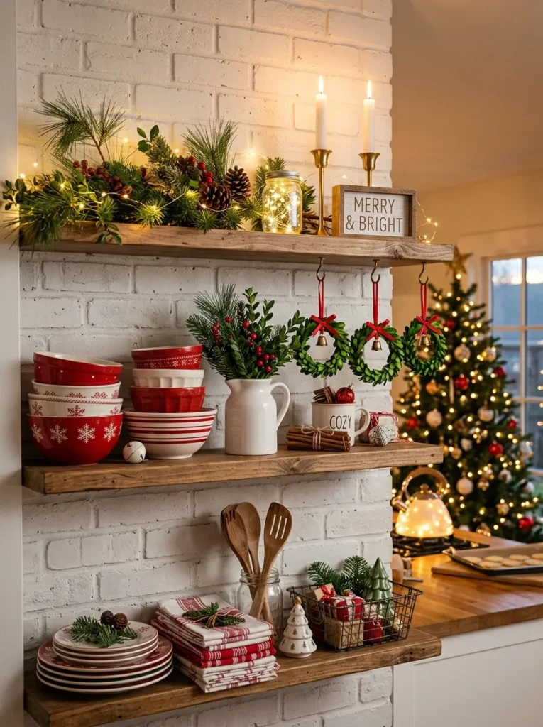 Open kitchen shelves decorated for Christmas with pine stems, mini wreaths, candles, and festive ceramics.