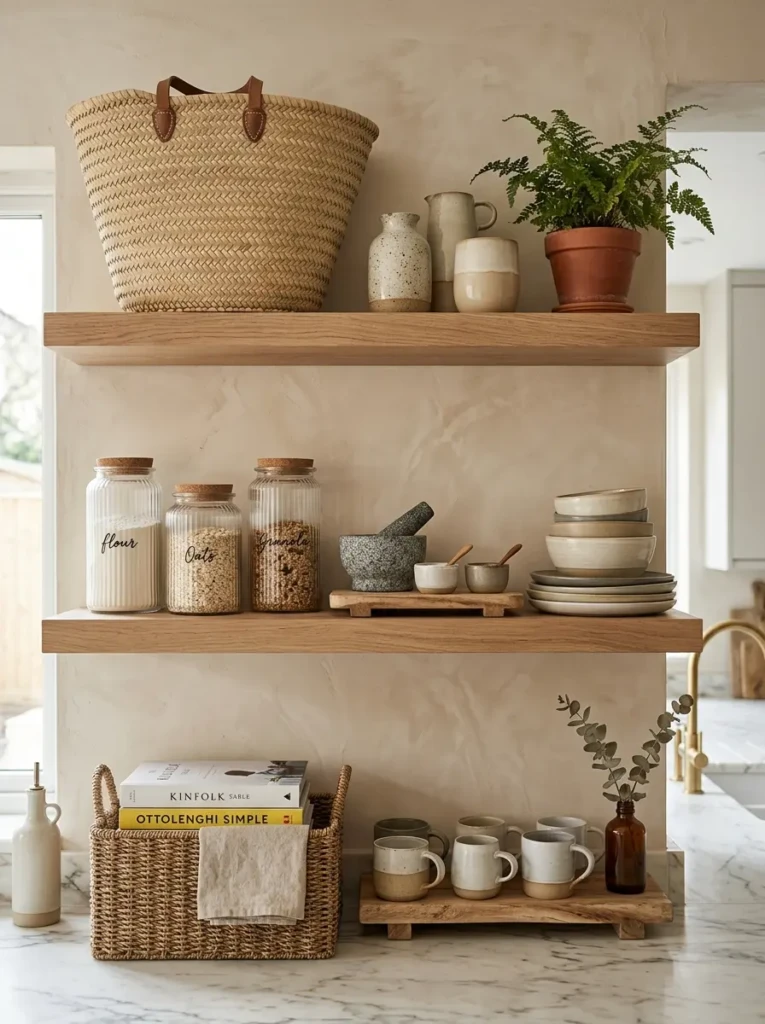 Open shelves styled with woven baskets, ribbed glass jars, smooth ceramics, and raw wood trays.