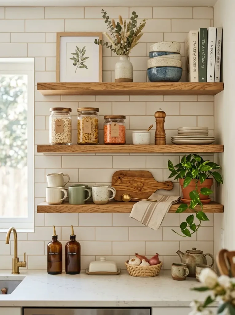 Kitchen shelving styled with functional items and decor in neutral tones for a clean open concept look.