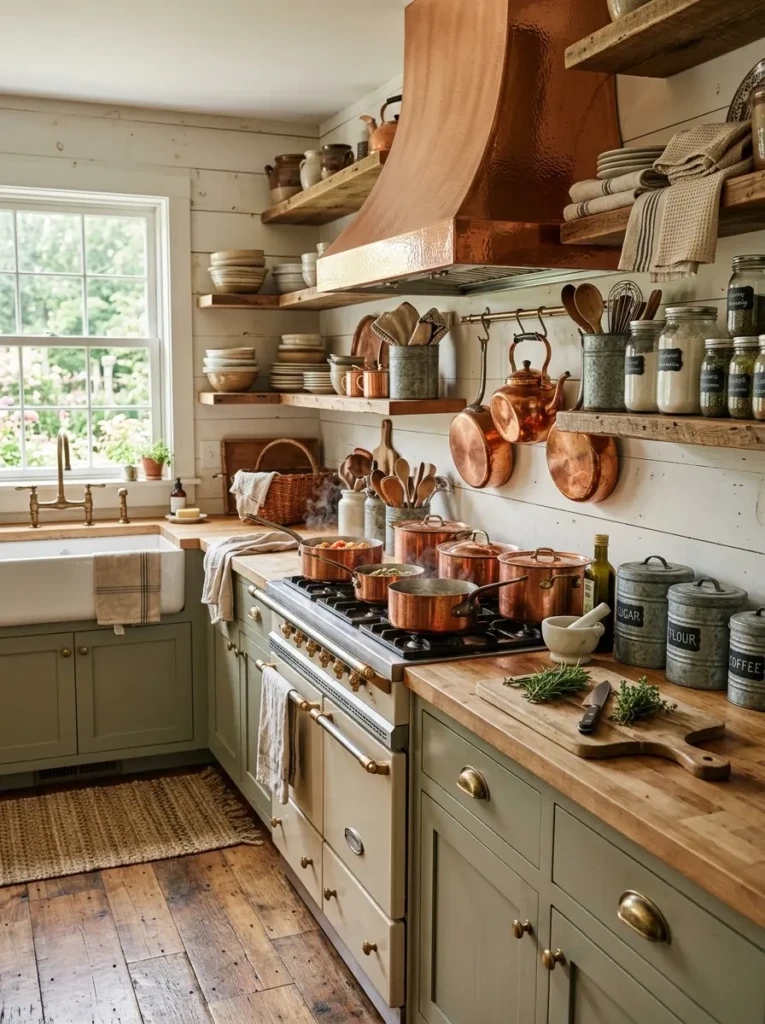 Antique brass knobs and copper cookware create layered warmth in a small farmhouse galley kitchen.