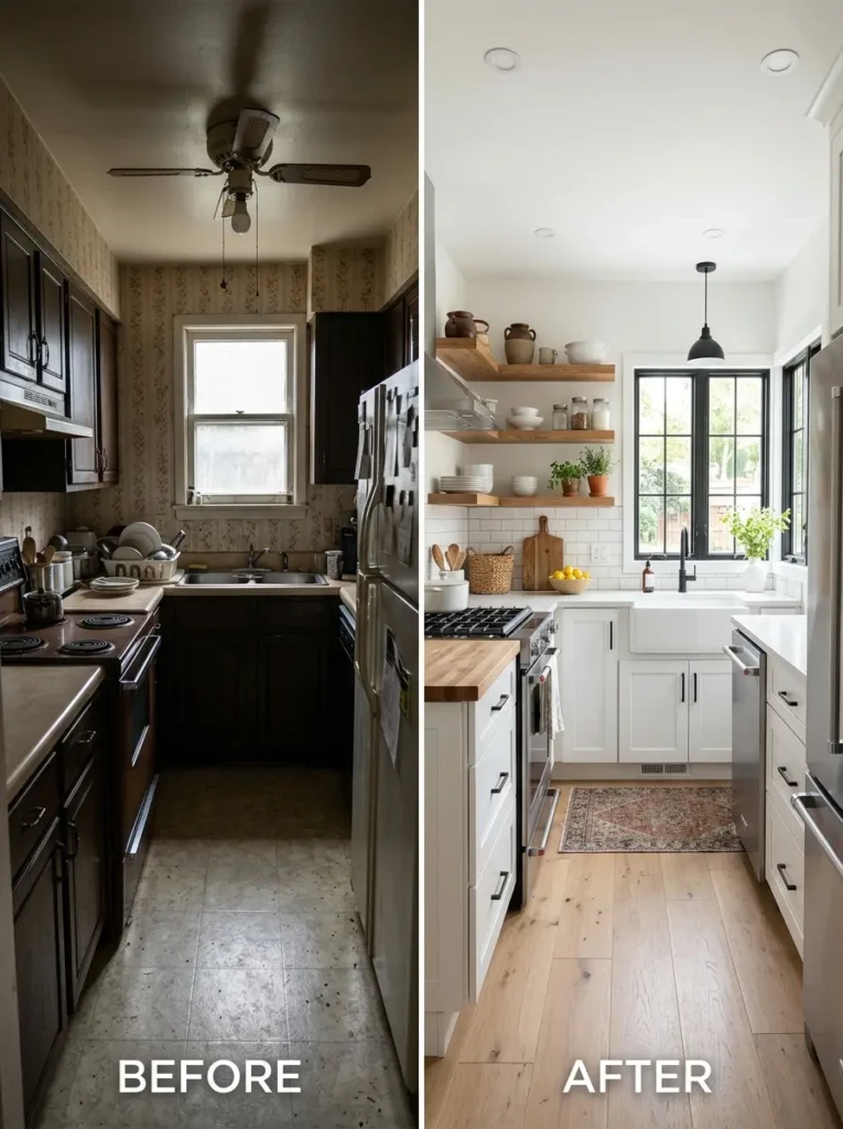 Before and after view of a small kitchen transformed into bright farmhouse-modern style.