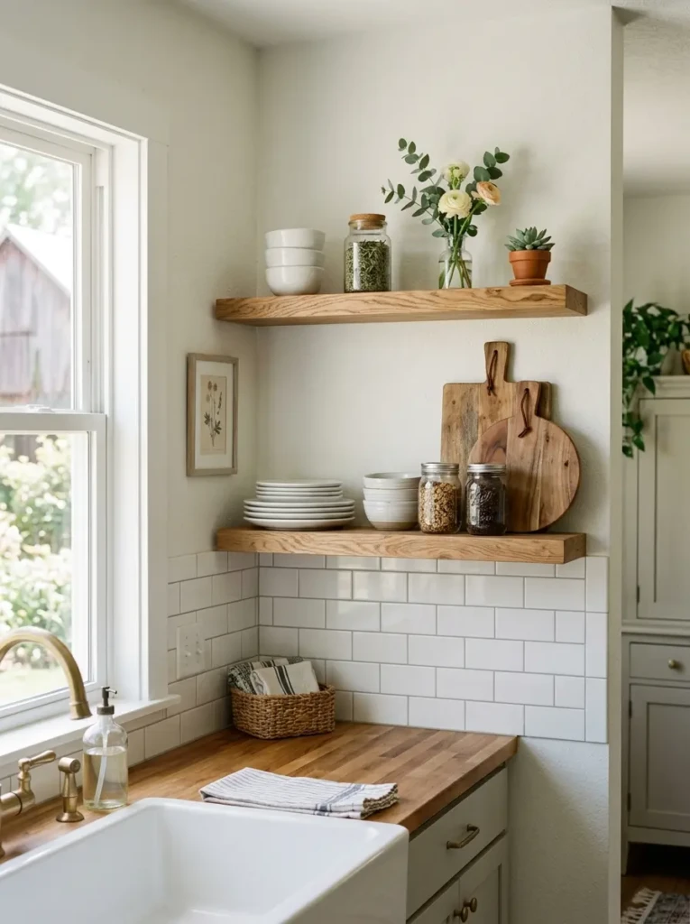 Floating wood shelves displaying dishes and jars in a small modern farmhouse kitchen.