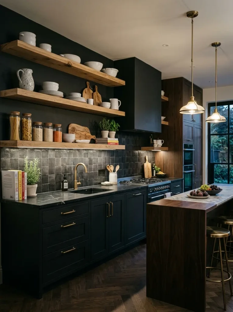 Kitchen with dark cabinets and floating shelves styled using white dishes, glass jars, and light wood boards.